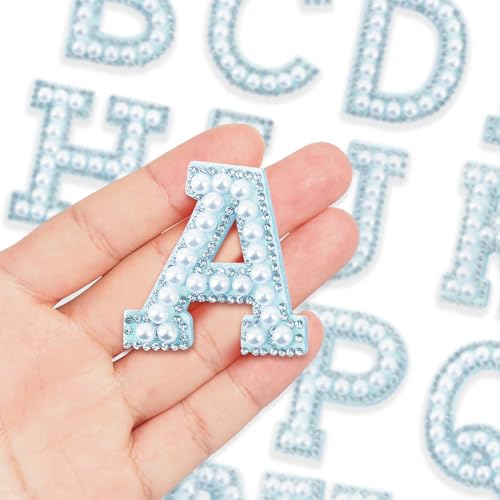 26 Stück Perlen Strass Buchstaben Patches Strass Bügelbild A-Z Bügelbilder für Kleidung Glitzer Alphabet Applikation Strass Perlen Reparatur Verzierungen Nähen auf Stoff (Blau) von Lukiisoo