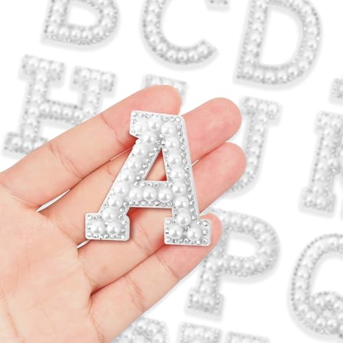 26 Stück Perlen Strass Buchstaben Patches Strass Bügelbild A-Z Bügelbilder für Kleidung Glitzer Alphabet Applikation Strass Perlen Reparatur Verzierungen Nähen auf Stoff (weiß) von Lukiisoo