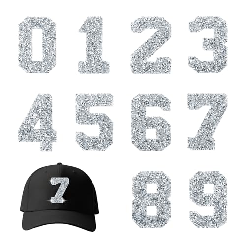 Strass-Applikationen mit Zahlen 0–9, für Kleidung, Reparatur, Dekoration, Basteln, Hemden, Mäntel, Stoff, Jeans, Rucksäcke, Hüte, 10 Stück (Silber) von Lukiisoo