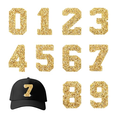 Strass-Aufnäher mit Zahlen 0–9, zum Aufbügeln, Applikationen, Zahlen, Aufkleber für Kleidung, Reparatur, Dekoration, DIY, Handwerk, Hemden, Mäntel, Stoff, Jeans, Rucksäcke, Hüte (Gold), 10 Stück von Lukiisoo