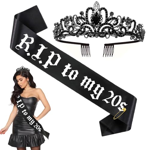 Lukinuo RIP to My 20s Birthday Schärpe mit schwarzer Krone Set 30. Geburtstag Beerdigung Dekorationen für Frauen 30. Geburtstag Glitzer Party Favors von Lukinuo