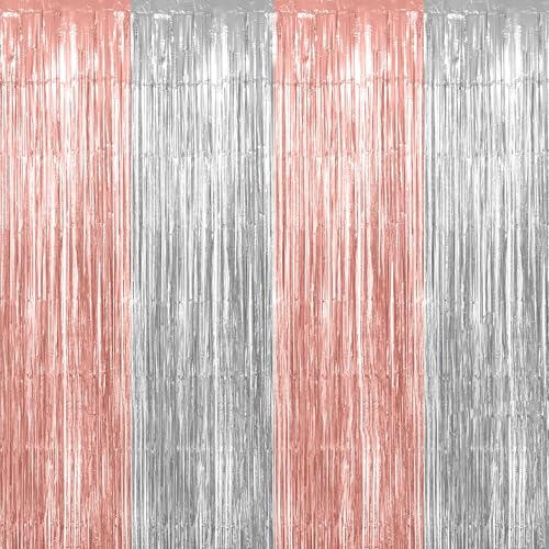 Luktastic Lametta Vorhang,Glitzervorhang 4 Stück 1x3m,Laser Rot,Fransenvorhang,Luftschlangen Geburtstag,Silber + Roségold von Luktastic