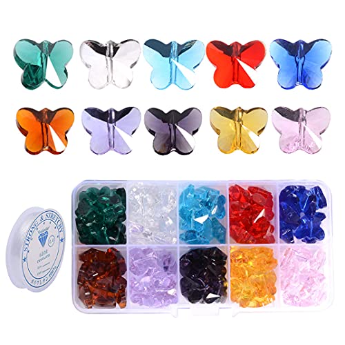 Kristallperlen, 100pcs, 14 mm, Schmetterlingsform, Kristallglasperlen für DIY-Schmuckherstellung und Heimdekoration, 1,8 m kostenloser elastischer Faden, 100 Stück von Lumanie