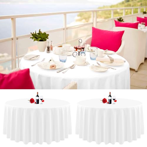 2er-Pack runde Tischdecken, 229 cm, weiße runde Tischdecke, knitterfrei, waschbar, weiße Tischdecken, Polyester-Stoff-Tischdecke für Hochzeit, Party, Restaurant, Buffettisch von Lumaycens