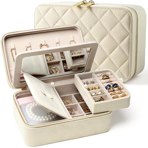 Lumayina Samt-Reise-Schmuckschatulle mit großem Spiegel, doppellagiger Schmuck-Organizer für Damen und Mädchen, tragbare Aufbewahrungsbox mit 6 Anlaufschutzbeuteln, Geschenk bereit für sie (Beige) von Lumayina