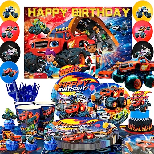 Monster Truck Birthday Supplies,140pcs Blaze Geburtstagsdeko Set - Plates Monster Truck Tischdecke Balloon Cakecup Topper & Monster Truck Party Napkins etc Monster Truck Deburtstag Deko für Kinder von Lumcrajems