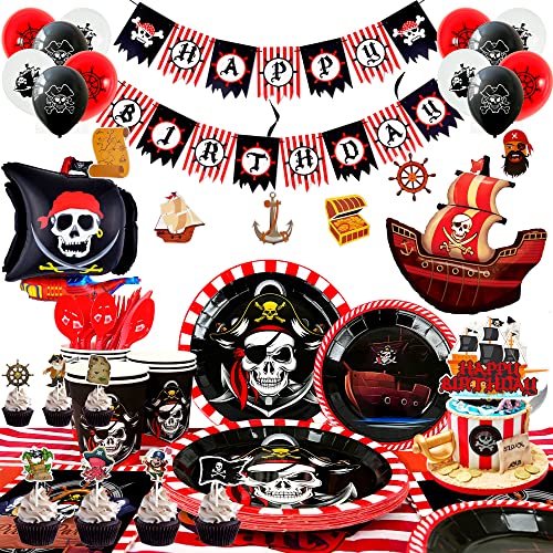Piraten-Geburtstagsparty-Zubehör, 161-teiliges Piraten-Party-Dekorationen und Geschirr-Set, Piratenschiff-Ballon, Piratenteller und -becher, Servietten, Tischdecke, Banner usw., von Lumcrajems