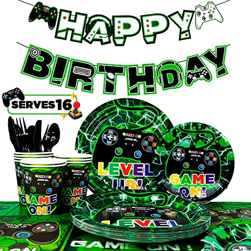 Videospiel-Partyzubehör, 128-teiliges Videospiel-Party-Geschirr-Set, Videospiel-Teller und -becher und Servietten, Gaming-Party-Dekorationen, Banner usw., grünes Videospiel, Geburtstagsparty-Zubehör von Lumcrajems