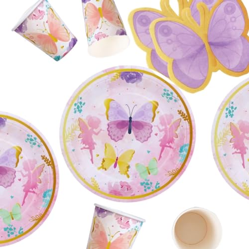 LumeeStar Schmetterling Pappgeschirr Set für Kindergeburtstag – Vollständiges Set für 8 Gäste – Beinhaltet Pappteller, Becher und Servietten für einen zauberhaften Schmetterling Geburtstag von LumeeStar