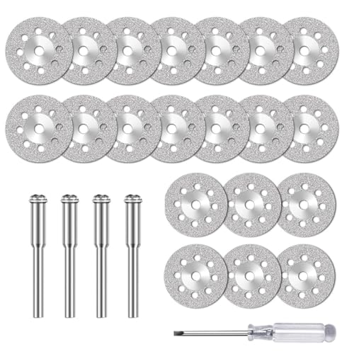 Lumi Zenva 20 Stück Diamant Trennscheiben (22mm) für Dremel Rotationswerkzeug, inkl. 4 Stück 3mm Aufnahmedorn & Schraubendreher, ideal für Glas, Stein & Fliesen von Lumi Zenva