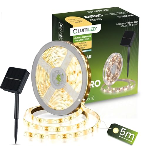 Lumiled LED Solar Streifen 5M 150 LEDs Warmweiß Strip Band IP44 Akku 1200 mAh, Dämmerungssensor, Lichtband für Außen Garden, Wegbeleuchtung, Deko, Solar lampe,Seilleuchten, 8 Betriebsarten Lumiled LED Solar Streifen 5M 150 LEDs Warmweiß Strip Band IP44 Akku 1200 mAh, Dämmerungssensor, Lichtband für Außen Garden, Wegbeleuchtung, Deko, Solar lampe,Seilleuchten, 8 Betriebsarten von Lumiled