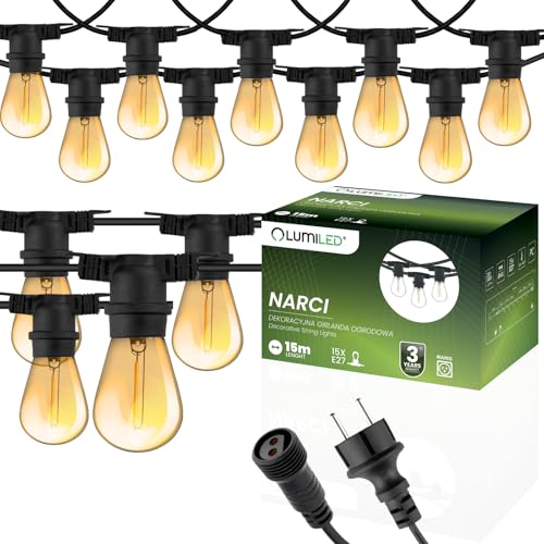 Lumiled Lichterkette Außen 15 Meter mit 15 E27 LED 1,3W Amber Glühbirne Warmweiß 2200K 230V Birnen für Garten Biergarten Party Hochzeit Dekoration Terrasse verlängerbar mit Strom von Lumiled