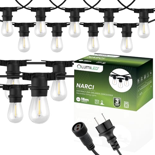 Lumiled Lichterkette Außen 15 Meter mit 30 E27 LED 1W Glühbirne Warmweiß 2700K 230V Birnen für Garten Biergarten Party Hochzeit Dekoration Terrasse verlängerbar mit Strom von Lumiled