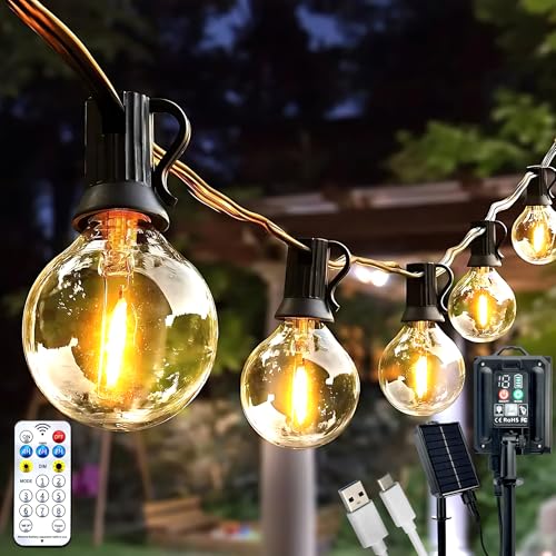 Lumiled Solar Lichterkette für Außen 20 + 2 Ersatzbirnen x G40 LED 10,55 M mit Fernbedienung Solarlichterkette Garten Außenlichterkette Solarleuchte IP44 Warmweiß 2700K Glühbirnen 8 Betriebsarten von Lumiled