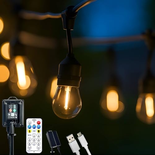 Lumiled Solar Lichterkette für Außen 22 + 2 Ersatzbirnen x S14 LED 15 M mit Fernbedienung Solarlichterkette Garten Außenlichterkette Solarleuchte IP65 Warmweiß 2700K Glühbirnen 8 Betriebsarten von Lumiled