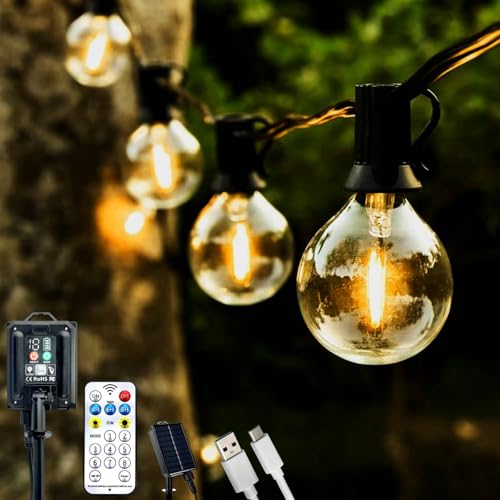 Lumiled Solar Lichterkette für Außen 30 + 2 Ersatzbirnen x G40 LED 15,05 M mit Fernbedienung Solarlichterkette Garten Außenlichterkette Solarleuchte IP44 Warmweiß 2700K Glühbirnen 8 Betriebsarten von Lumiled