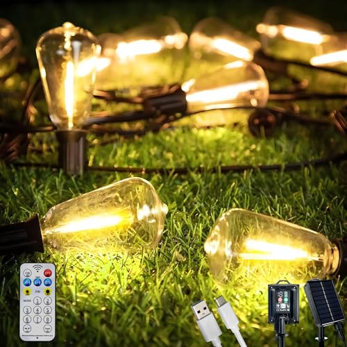 Lumiled Solar Lichterkette für Außen 40 + 2 Ersatzbirnen x ST38 LED 14.05 M mit Fernbedienung Solarlichterkette Garten Außenlichterkette Solarleuchte IP44 Warmweiß 2700K birnen 8 Betriebsarten von Lumiled