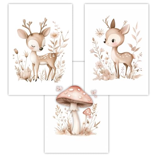 Kinderzimmer Wandbilder, Waldtiere, 3er Set Din A4 (21x30cm), Rehe und Fliegenpilz, Rose und Beige, Aquarell Kunst, Babyzimmer Deko, Kinderzimmer Deko, für Mädchen, OHNE RAHMEN (Din A4) von Lumiloup