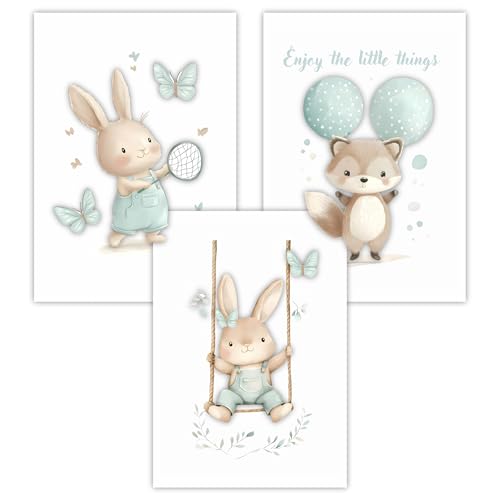 Lumiloup Kinderzimmer Wandbilder, Waldtiere, 3er Set Din A4 (21x30cm), Süße Fuchs und Hase, Mint und Beige, Aquarell Kunst, Babyzimmer Deko, Kinderzimmer Deko, für Mädchen, OHNE RAHMEN (Din A4) von Lumiloup