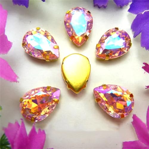 LuminaCreek Aufnäher aus Strass-Glaskristallen, AB-Farben, Goldkralle, Aufnäher aus Strass-Perlen, Wassertropfen, Tropfen, Glaskristall-Applikation(7x10mm 50pcs A13 Pink AB) von LuminaCreek