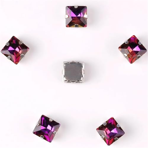 LuminaCreek Strass-Glaskristalle for Aufnähen, 50 Stück/Beutel, 8 mm, quadratische Form, Glaskristall, silberne Metallkrallenfassung, Strass-Applikation for Aufnähen(8mm 50pcs A12 Amethyst RB) von LuminaCreek