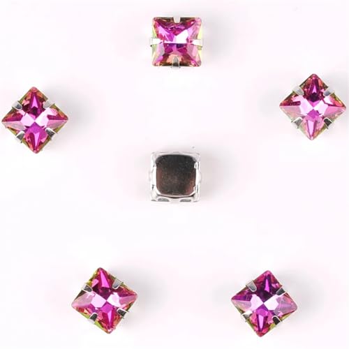 LuminaCreek Strass-Glaskristalle for Aufnähen, 50 Stück/Beutel, 8 mm, quadratische Form, Glaskristall, silberne Metallkrallenfassung, Strass-Applikation for Aufnähen(8mm 50pcs A16 Fuchsia RB) von LuminaCreek