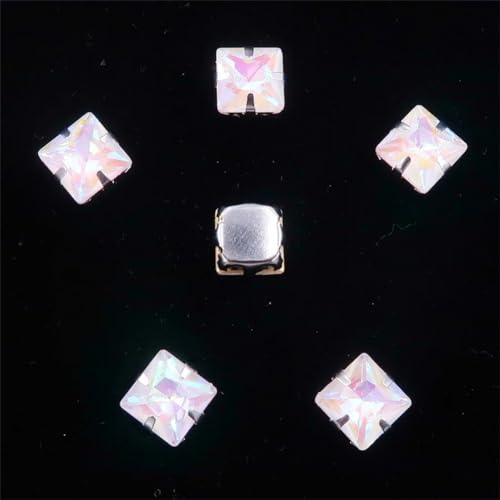 LuminaCreek Strass-Glaskristalle for Aufnähen, 50 Stück/Beutel, 8 mm, quadratische Form, Glaskristall, silberne Metallkrallenfassung, Strass-Applikation for Aufnähen(8mm 50pcs A18 White AB) von LuminaCreek