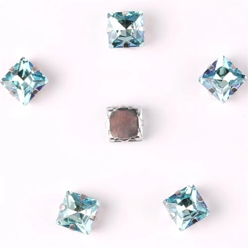LuminaCreek Strass-Glaskristalle for Aufnähen, 50 Stück/Beutel, 8 mm, quadratische Form, Glaskristall, silberne Metallkrallenfassung, Strass-Applikation for Aufnähen(8mm 50pcs A2 Aquamarine RB) von LuminaCreek