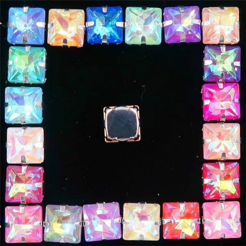LuminaCreek Strass-Glaskristalle for Aufnähen, 50 Stück/Beutel, 8 mm, quadratische Form, Glaskristall, silberne Metallkrallenfassung, Strass-Applikation for Aufnähen(8mm 50pcs A38 AB colors mix) von LuminaCreek