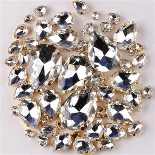 LuminaCreek Strass-Glaskristalle for Aufnähen, 50 Stück/Beutel, goldene Krallenfassung, Strass-Perlen for Aufnähen, 7 Größen, gemischte Wassertropfenform, Glaskristall(A1 Clear) von LuminaCreek