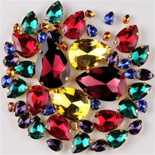 LuminaCreek Strass-Glaskristalle for Aufnähen, 50 Stück/Beutel, goldene Krallenfassung, Strass-Perlen for Aufnähen, 7 Größen, gemischte Wassertropfenform, Glaskristall(A4 Dark colors mix) von LuminaCreek