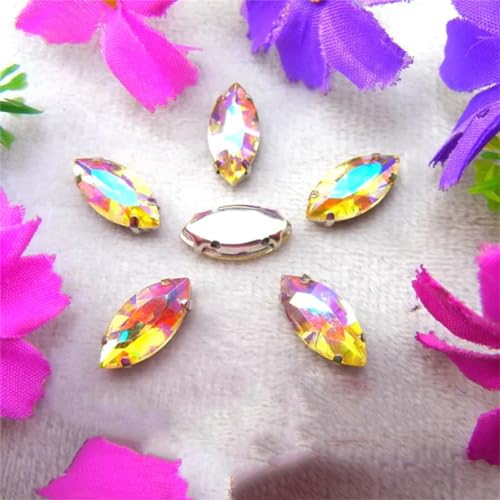 LuminaCreek Strass-Glaskristalle for Aufnähen, AB-Farben, silberne Krallen-Strassperlen, Navett-Form, for Aufnähen auf Glaskristall, DIY-Applikation(17x32mm 10pcs A13 Jonquil AB) von LuminaCreek
