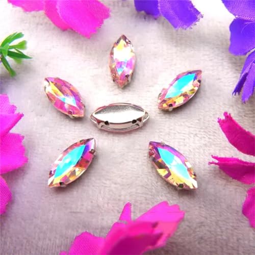 LuminaCreek Strass-Glaskristalle for Aufnähen, AB-Farben, silberne Krallen-Strassperlen, Navett-Form, for Aufnähen auf Glaskristall, DIY-Applikation(17x32mm 10pcs A3 Pink AB) von LuminaCreek
