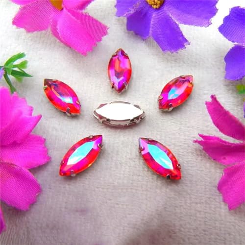 LuminaCreek Strass-Glaskristalle for Aufnähen, AB-Farben, silberne Krallen-Strassperlen, Navett-Form, for Aufnähen auf Glaskristall, DIY-Applikation(4x8mm 50pcs A7 Red AB) von LuminaCreek