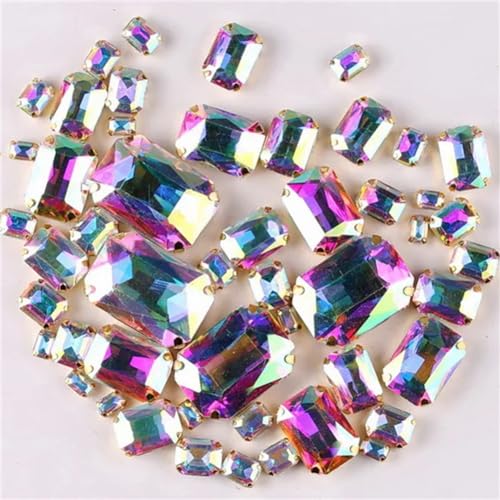 LuminaCreek Strass-Glaskristalle for Aufnähen, goldene Krallenfassung, Glaskristall, 7 Größen, Mix, 50 Stück/Beutel, rechteckige Form, Strassperlen for Aufnähen(A2 Crystal AB) von LuminaCreek