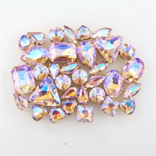LuminaCreek Strass-Glaskristalle for Aufnähen, goldene Krallenfassung, Strasssteine ​​zum Aufnähen, 50 Stück/Beutel, Formen, Mix AB-Farben, Glaskristall, DIY-Applikation(A15 Pink AB) von LuminaCreek