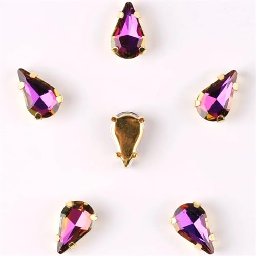 LuminaCreek Strass-Glaskristalle for Aufnähen, schmale Glaskristalle in Wassertropfenform, 50 Stück/Packung, 8 x 13 mm, goldene Klaue, Strass-Applikation for Aufnähen(8x13mm 50pcs A12 Amethyst RB) von LuminaCreek