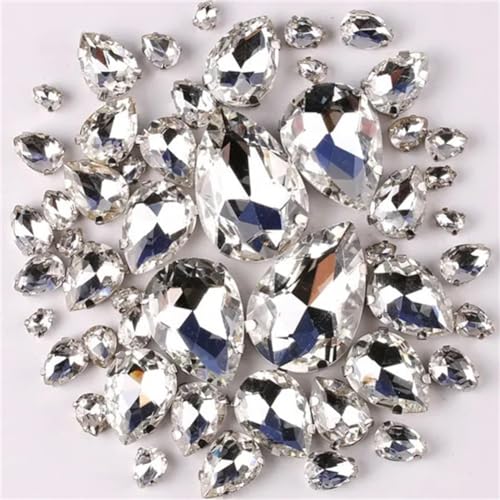 LuminaCreek Strass-Glaskristalle for Aufnähen, silberne Krallenfassung, Glaskristall, 7 Größen, Mix, 50 Stück/Beutel, Wassertropfenform, Strass-Perlen for Aufnähen(A1 Clear) von LuminaCreek