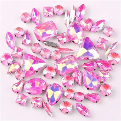 LuminaCreek Strass-Glaskristalle for Aufnähen, silberne Krallenfassung, Jelly Candy AB-Farben, Glaskristall, 50 Stück/Beutel, Formenmix, Strass for Aufnähen(A17 Rose AB) von LuminaCreek