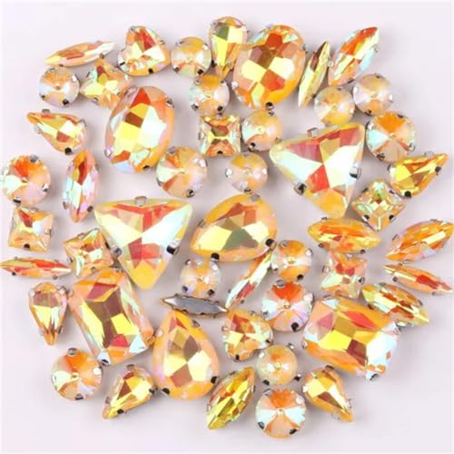 LuminaCreek Strass-Glaskristalle for Aufnähen, silberne Krallenfassung, Jelly Candy AB-Farben, Glaskristall, 50 Stück/Beutel, Formenmix, Strass for Aufnähen(A8 Topaz AB) von LuminaCreek