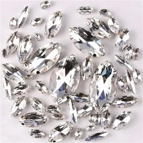 LuminaCreek Strass-Glaskristalle for Aufnähen, silberne Krallenfassung, Strass-Perlen in Pferdeaugenform for Aufnähen, 8 Größen, Mix, 50 Stück/Beutel, Glaskristall(A1 Clear) von LuminaCreek