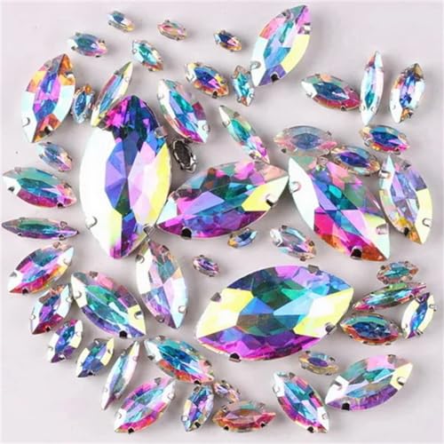 LuminaCreek Strass-Glaskristalle for Aufnähen, silberne Krallenfassung, Strass-Perlen in Pferdeaugenform for Aufnähen, 8 Größen, Mix, 50 Stück/Beutel, Glaskristall(A2 Crystal AB) von LuminaCreek