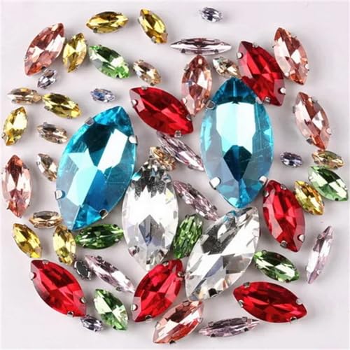 LuminaCreek Strass-Glaskristalle for Aufnähen, silberne Krallenfassung, Strass-Perlen in Pferdeaugenform for Aufnähen, 8 Größen, Mix, 50 Stück/Beutel, Glaskristall(A3 Light colors mix) von LuminaCreek