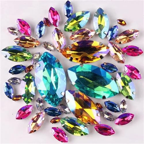 LuminaCreek Strass-Glaskristalle for Aufnähen, silberne Krallenfassung, Strass-Perlen in Pferdeaugenform for Aufnähen, 8 Größen, Mix, 50 Stück/Beutel, Glaskristall(A5 AB colors mix) von LuminaCreek