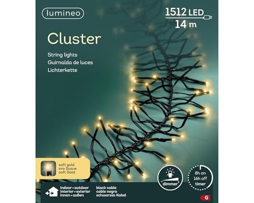 Lumineo Cluster LED Lichterkette, 14m, Innen & Außen, 1512 LEDs, Soft Gold, Schwarzes Kabel, Weihnachtsbeleuchtung, Weihnachtsdeko Lumineo Cluster LED Lichterkette, 14m, Innen & Außen, 1512 LEDs, Soft Gold, Schwarzes Kabel, Weihnachtsbeleuchtung, Weihnachtsdeko von Lumineo
