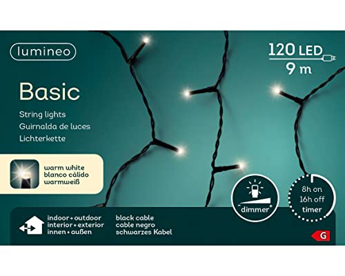 Lumineo Lichterkette Basic warm weiß -120 LED's - 9 Meter - schwarzes Kabel - Indoor & Outdoor - Timer - dimmbar - IP44 von Lumineo