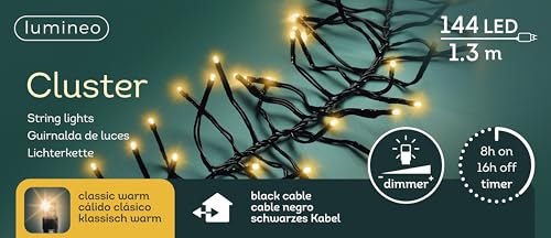 Lumineo Lichterkette Cluster klassisch warm - 144 LEDs - 1,3 Meter - schwarzes Kabel - Indoor & Outdoor - Timer - dimmbar - IP44 Schutz Lumineo Lichterkette Cluster klassisch warm - 144 LEDs - 1,3 Meter - schwarzes Kabel - Indoor & Outdoor - Timer - dimmbar - IP44 Schutz von Lumineo