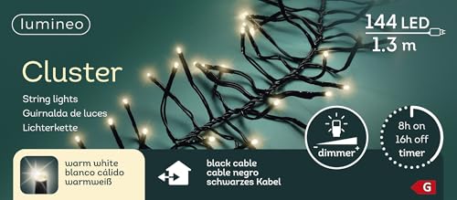Lumineo Lichterkette Cluster warm weiß - 144 LEDs - 1,3 Meter - schwarzes Kabel - Indoor & Outdoor - Timer - dimmbar - IP44 Schutz Lumineo Lichterkette Cluster warm weiß - 144 LEDs - 1,3 Meter - schwarzes Kabel - Indoor & Outdoor - Timer - dimmbar - IP44 Schutz von Lumineo