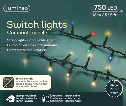 Lumineo Lichterkette Switch Light Compact Twinkle warm weiß/bunt - 750 LEDs - 16 Meter - grünes Kabel - Indoor & Outdoor - Timer - IP44 Schutz - 10 verschiedene Lichtfunktionen Lumineo Lichterkette Switch Light Compact Twinkle warm weiß/bunt - 750 LEDs - 16 Meter - grünes Kabel - Indoor & Outdoor - Timer - IP44 Schutz - 10 verschiedene Lichtfunktionen von Lumineo