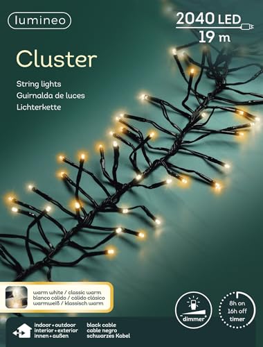 Lumineo Lichterkette warm weiß/klassisch warm - 2040 LEDs - 19 Meter - schwarzes Kabel - Indoor & Outdoor - Timer - 5 Stufen Dimmer - IP44 Schutz - zweifarbig Lumineo Lichterkette warm weiß/klassisch warm - 2040 LEDs - 19 Meter - schwarzes Kabel - Indoor & Outdoor - Timer - 5 Stufen Dimmer - IP44 Schutz - zweifarbig von Lumineo